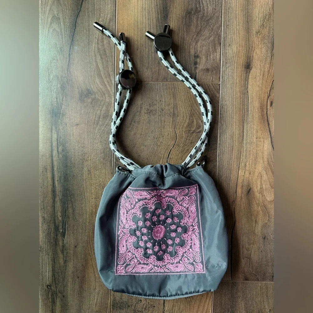 Gray Bandana Embroidered Drawstring Mini Purse Coin Bag